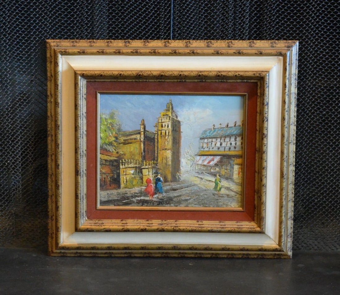 FRAMED VINTAGE OIL PAINTING OF OLD CITY W. COBBLESTONE STREETS SCENE (1 of 2)