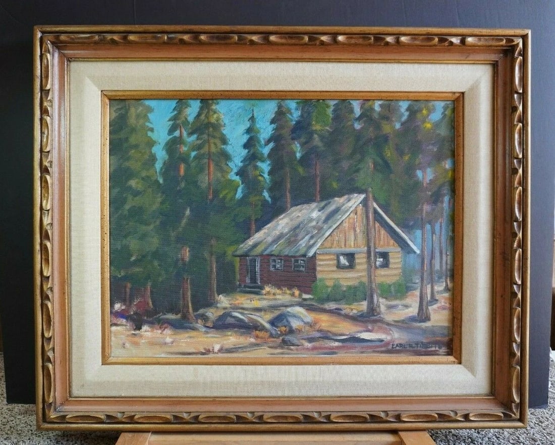 ORIGINAL FRAMED IMPRESSIONIST PAINTING - CABIN IN THE WOODS - EARL R. TIBBITS: ORIGINAL FRAMED IMPRESSIONIST PAINTING - CABIN IN THE WOODS - EARL R. TIBBITS Item Description: This painting of a cabin in the woods was done by Earl R. Tibbits. The painting is on canvas and measure