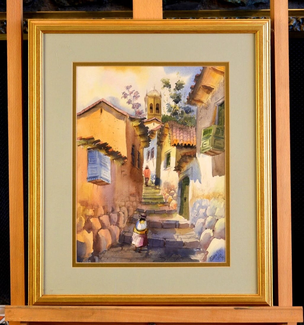 WATERCOLOR PAINTING - NARROW ALLEY STREET SCENE CUSCO PERU - EUSEBIE FLORES (1 of 2)