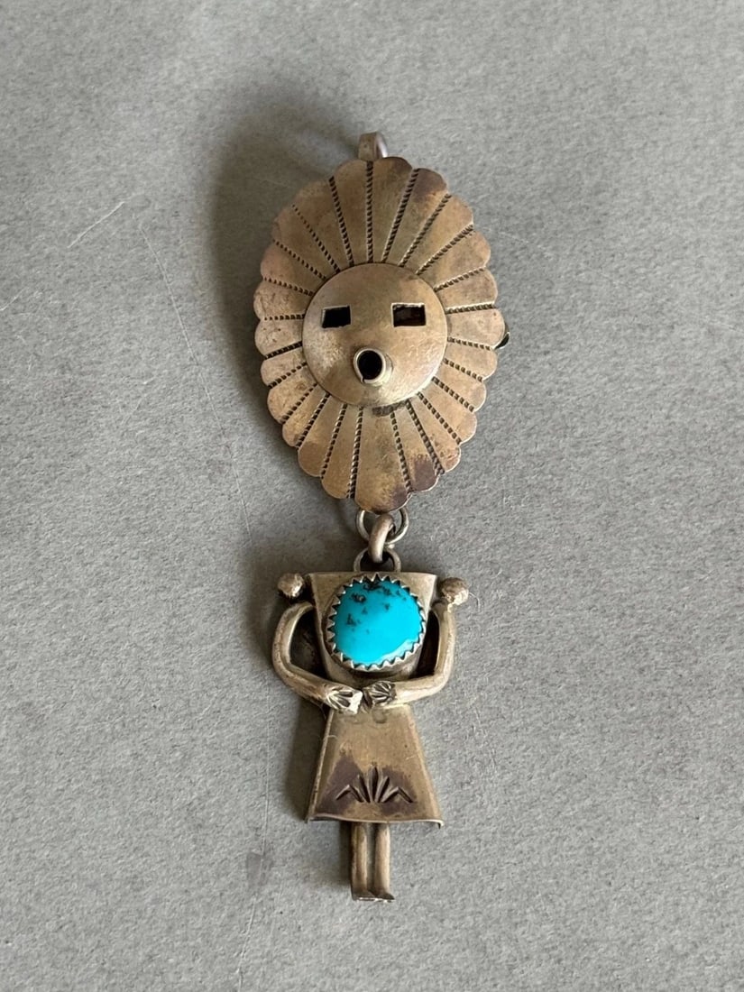 VINTAGE NAVAJO STERLING SILVER W TURQUOISE SUNFACE KACHINA PENDANT/BROOCH (1 of 2)