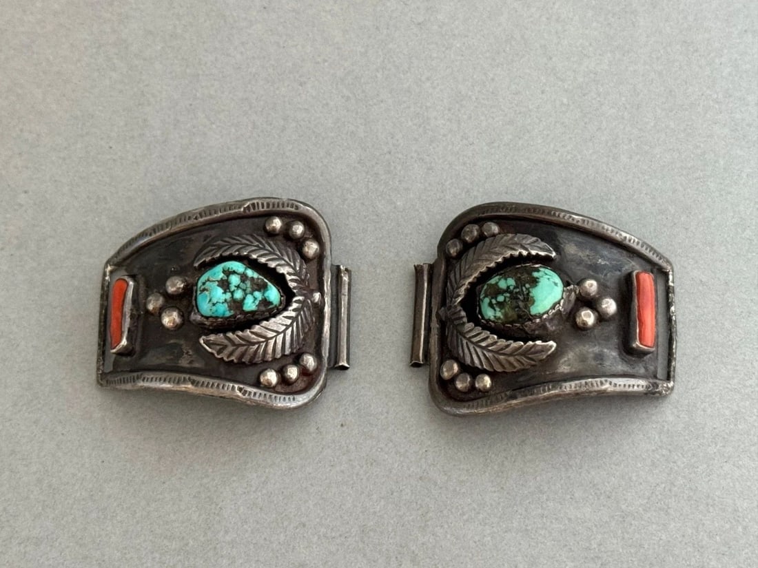 OLD PAWN NAVAJO STERLING SILVER WITH TURQUOISE AND CORAL WATCH BANDS (1 of 1)