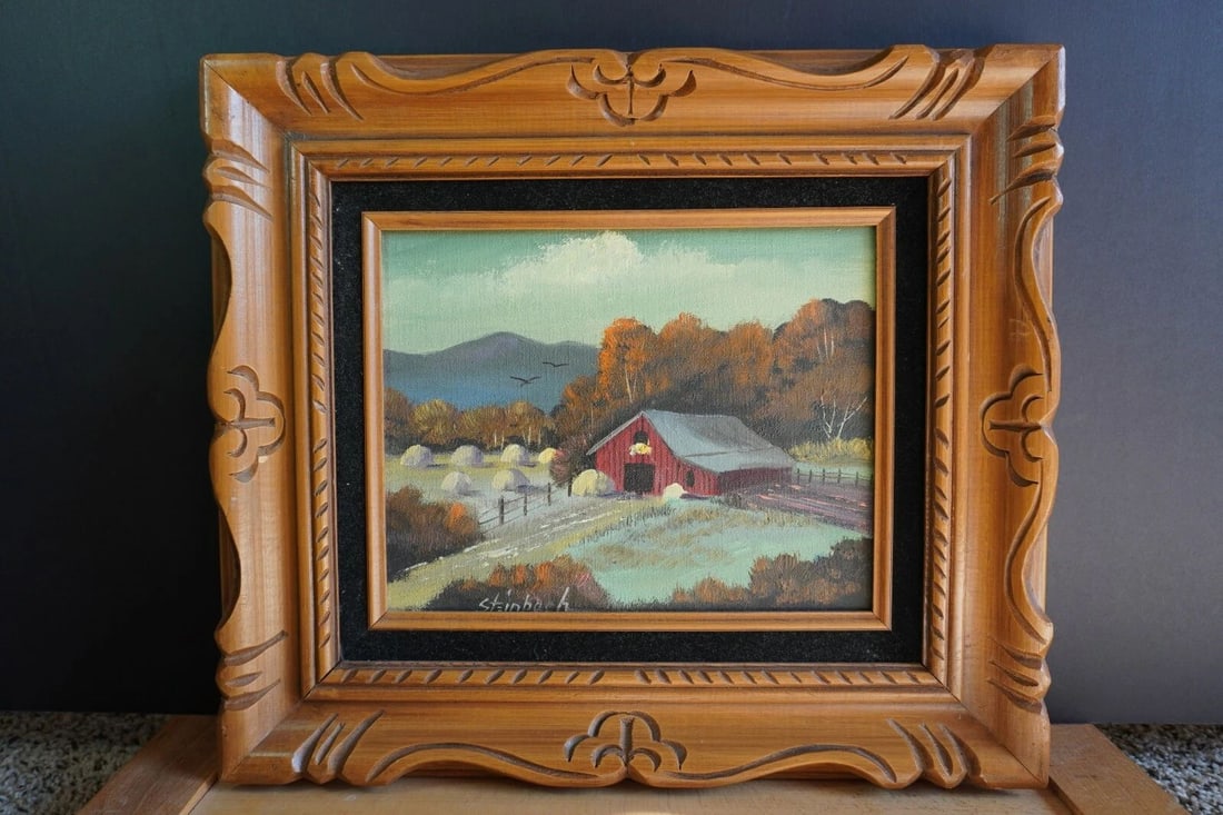 VINTAGE FOLK ART PAINTING AUTUMN COUNTRY LANDSCAPE BARN FIELDS - STEINBACH (1 of 2)