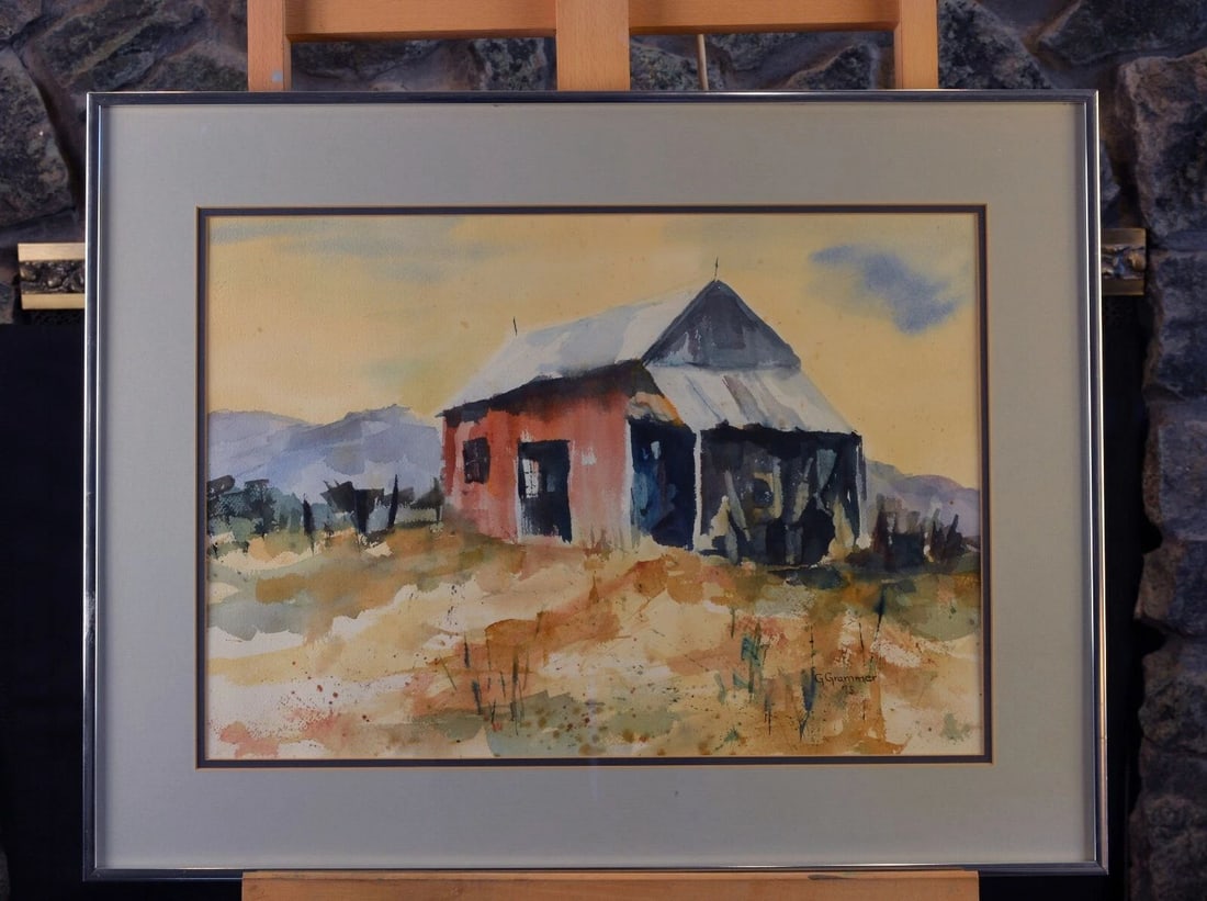 IMPRESSIONIST WATERCOLOR PAINTING OLD BARN MOUNTAIN LANDSCAPE - G. GRAMMER 1975: IMPRESSIONIST WATERCOLOR PAINTING OLD BARN MOUNTAIN LANDSCAPE - G. GRAMMER 1975 Item Description: This vibrant watercolor painting was done by artist G. Grammer and is dated 1975. It measures 14 1/8" 