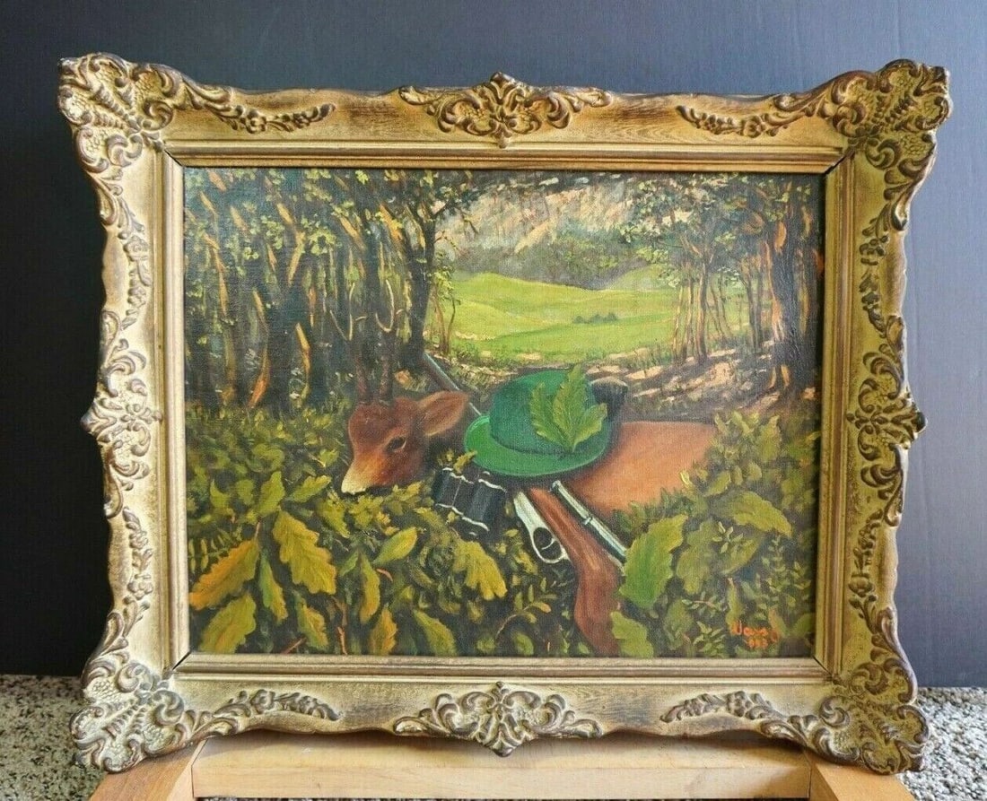 ORIGINAL PAINTING HUNTING SCENE SIGNED 14 X 18 CIRCA 1953: ORIGINAL PAINTING HUNTING SCENE SIGNED 14 X 18 CIRCA 1953 Item Description: With Frame 18x 22 **
