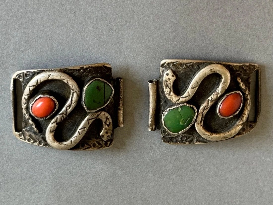 OLD PAWN ZUNI STERLING SILVER WITH TURQUOISE AND CORAL SNAKE WATCH BANDS (1 of 1)