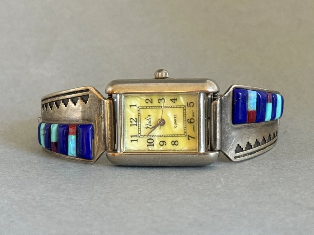 VINTAGE NAVAJO STERLING SILVER WITH STONES AND CORAL WATCH BRACELET M: VINTAGE NAVAJO STERLING SILVER WITH STONES AND CORAL WATCH BRACELET M Vintage Navajo Sterling Silver with Turquoise, Lapis, Opal and Coral Watch Bracelet Signed M 3/4" Wide
