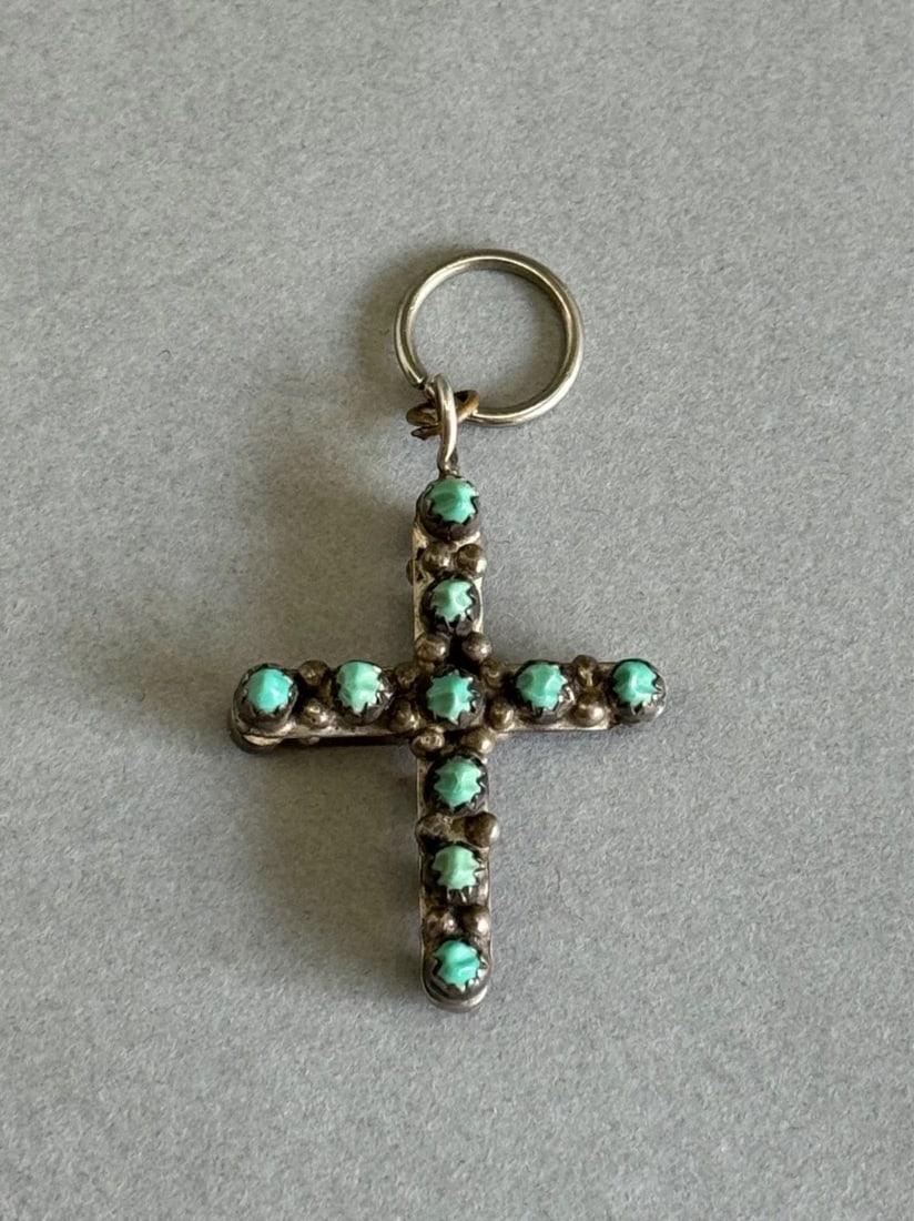 VINTAGE ZUNI STERLING SILVER WITH TURQUOISE AND CORAL REVERSIBLE CROSS PENDANT (1 of 1)
