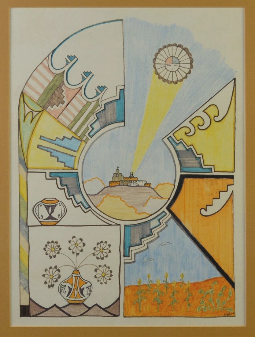 VINTAGE DRAWING NEW MEXICO INDIAN ACOMA PUEBLO- GEOMETRICS CORN SUN - JOSEPH (1 of 2)