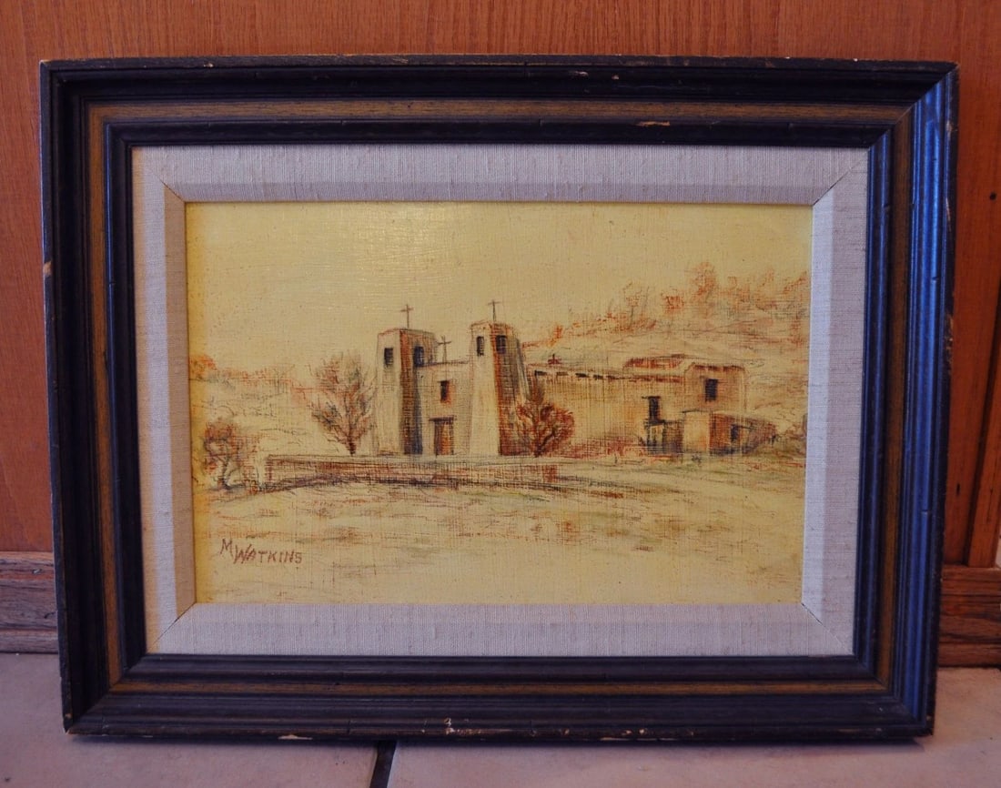 MARIDETH WATKINS (B.1917) - SEPIA PENCIL DRAWING OLD MISSION CHURCH NEW MEXICO (1 of 2)