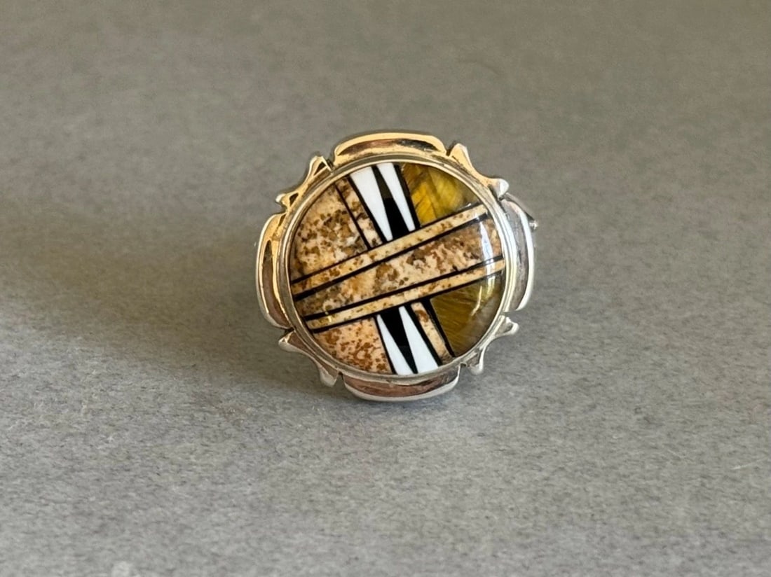 UNUSED NAVAJO STERLING SILVER INLAID STONES AND SHELL RING MARTY YAZZIE SIZE 8: UNUSED NAVAJO STERLING SILVER INLAID STONES AND SHELL RING MARTY YAZZIE SIZE 8 Unused Navajo Sterling Silver Ring with Inlaid Tiger Eye, Jet, Shell and Picture Jasper. Handmade by Marty Yazzie. Size 8