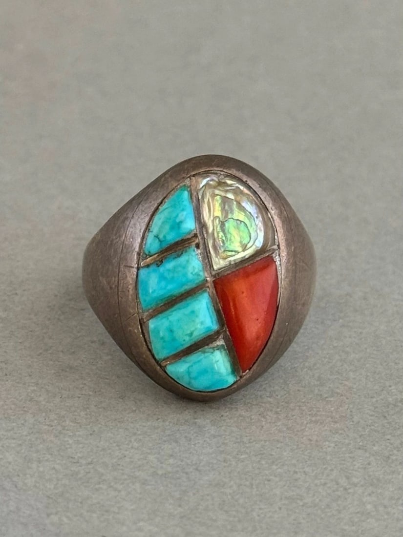 OLD PAWN NAVAJO STERLING SILVER W TURQUOISE CORAL AND ABALONE RING SIZE 12 (1 of 1)