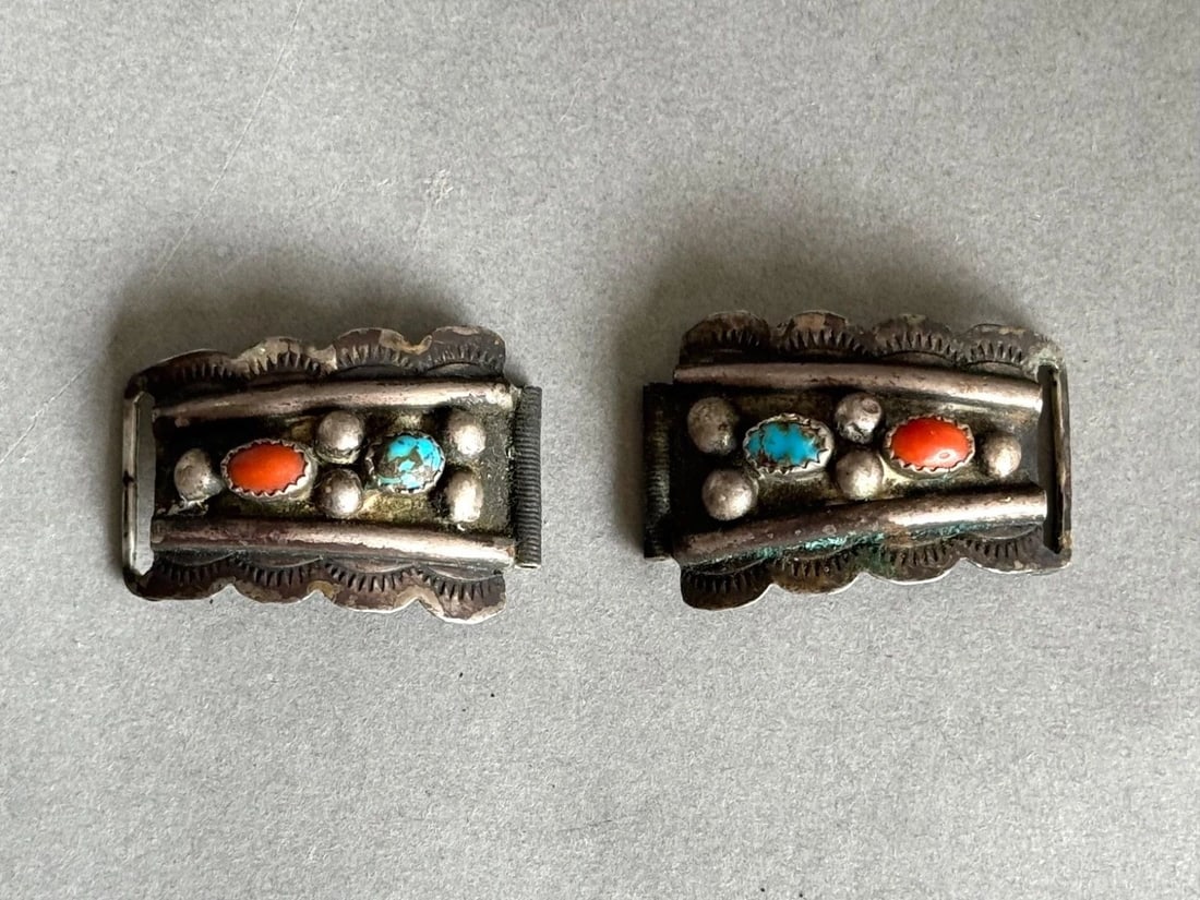 OLD PAWN NAVAJO STERLING SILVER WITH TURQUOISE AND CORAL WATCH BAND (1 of 2)