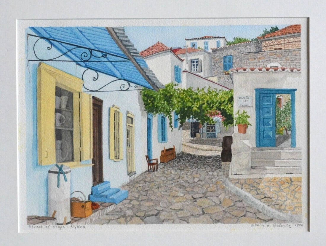 NANCY B. ROBERTS - ORIGINAL WATERCOLOR PAINTING - HYDRA GREECE WITH ARTIST NOTES: NANCY B. ROBERTS - ORIGINAL WATERCOLOR PAINTING - HYDRA GREECE WITH ARTIST NOTES This original watercolor painting by Nancy B. Roberts is titled "Street of Shops - Hydra". And, on the back there is a 