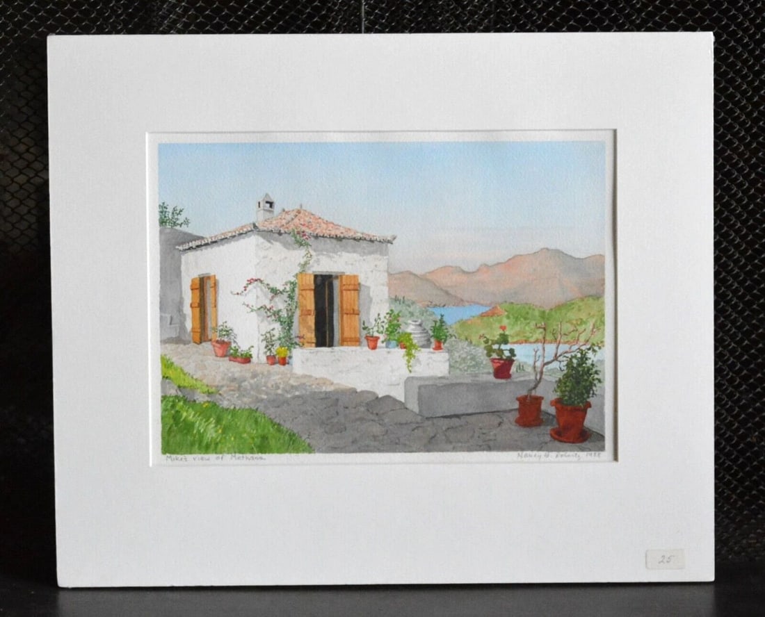 NANCY B. ROBERTS - ORIGINAL WATERCOLOR LANDSCAPE PAINTING - METHANA POROS GREECE: NANCY B. ROBERTS - ORIGINAL WATERCOLOR LANDSCAPE PAINTING - METHANA POROS GREECE This original watercolor painting by Nancy B. Roberts is titled "Mike's View of Helena". And, on the back there is a ha
