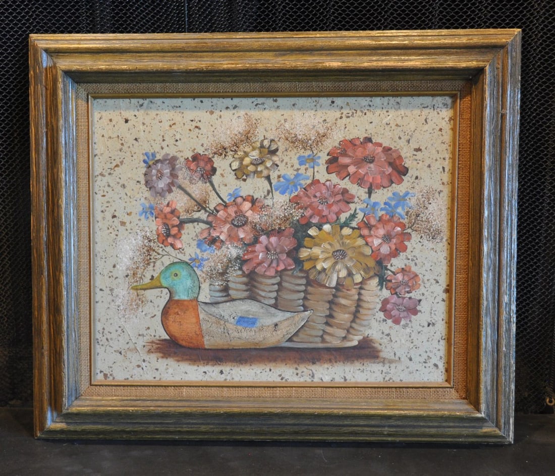 HELEN WILKINS - SWEET OIL PAINTING ON RICE PAPER BASKET OF FLOWERS DUCK DECOY: HELEN WILKINS - SWEET OIL PAINTING ON RICE PAPER BASKET OF FLOWERS DUCK DECOY Item Description: This vintage still life painting was done by Helen Wilkins. It is oil paint on a surface of rice paper w