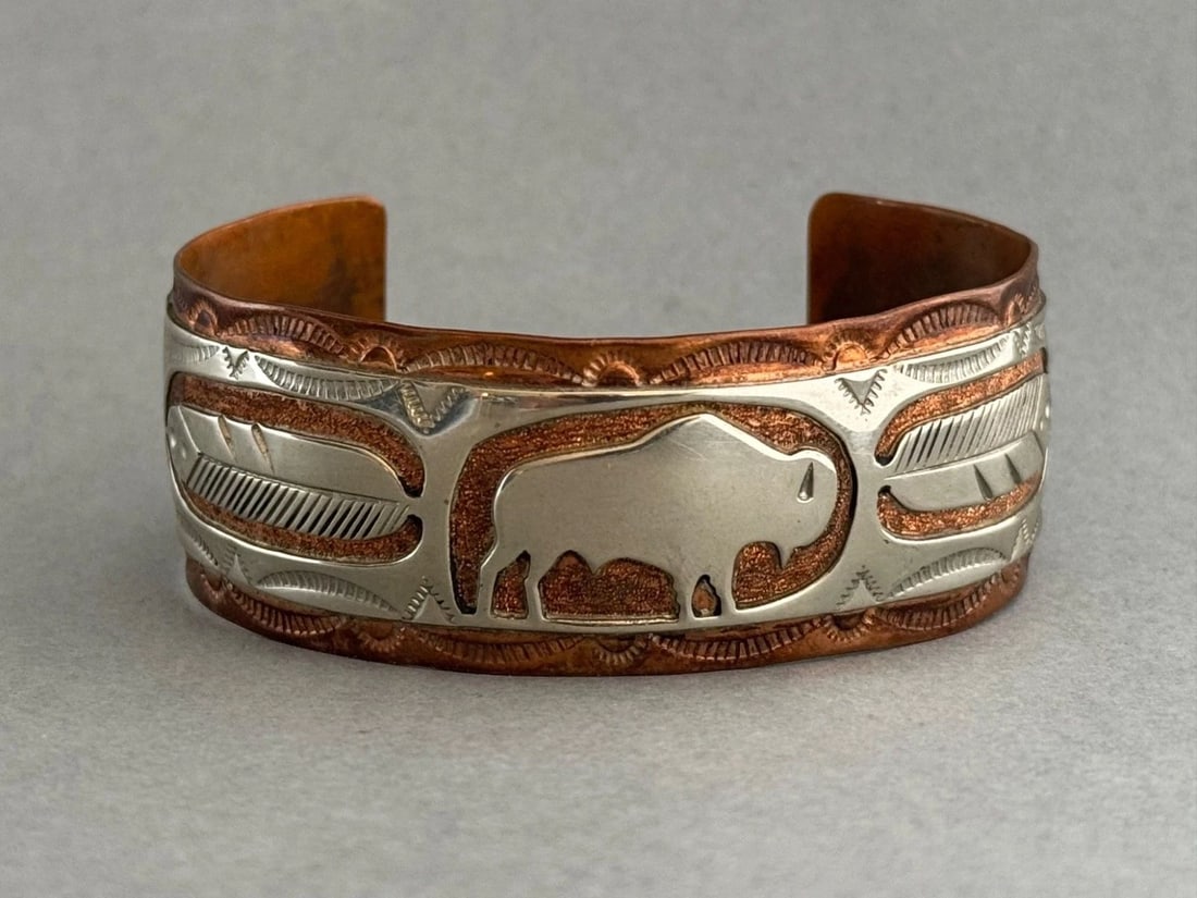 VINTAGE UNUSED NAVAJO COPPER AND NICKEL BUFFALO AND FEATHER BRACELET SIGNED FK (1 of 2)