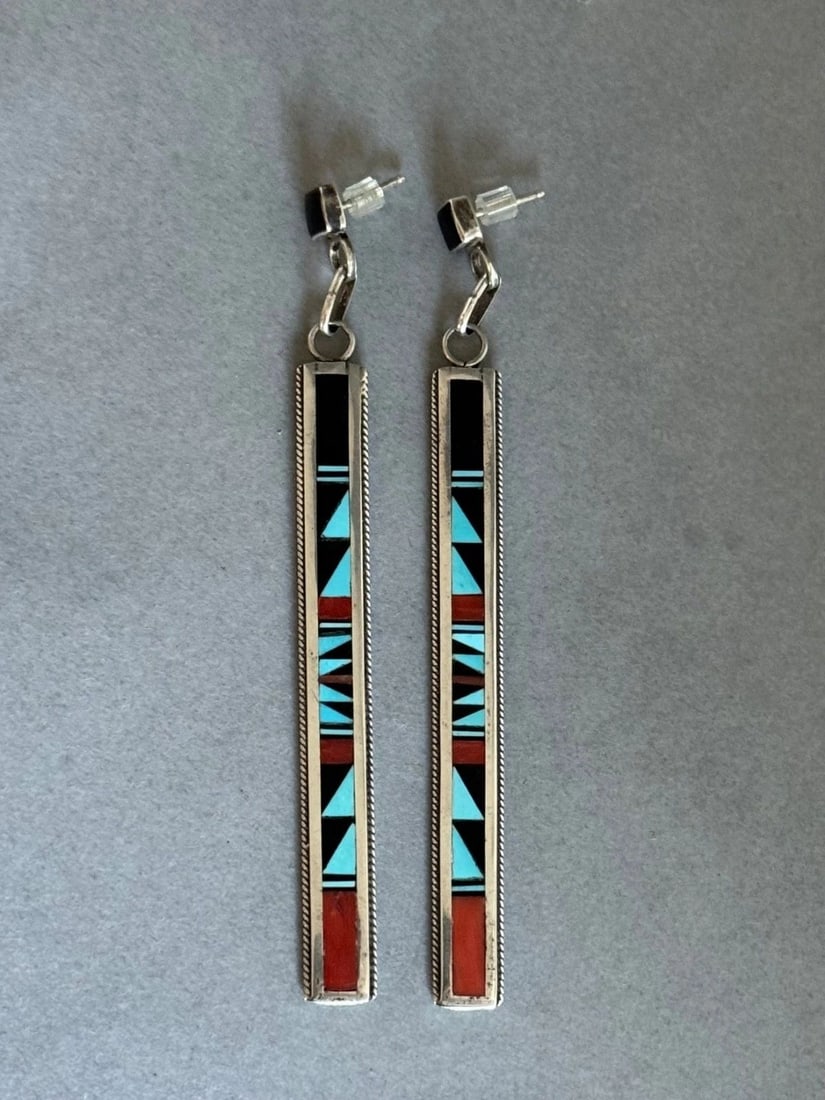 VINTAGE ZUNI STERLING SILVER W INLAID TURQUOISE CORAL AND JET EARRINGS 3.5" TALL (1 of 1)