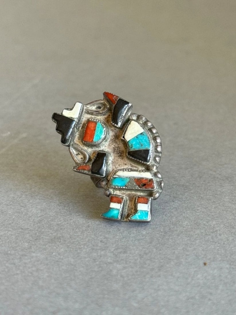 OLD PAWN STERLING SILVER INLAID GHOST DANCER KACHINA RING. SIZE 5 1/2 (1 of 1)
