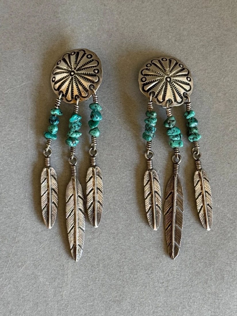 VINTAGE NAVAJO STERLING SILVER AND TURQUOISE FEATHERS DANGLE CLAMP ON EARRINGS (1 of 2)