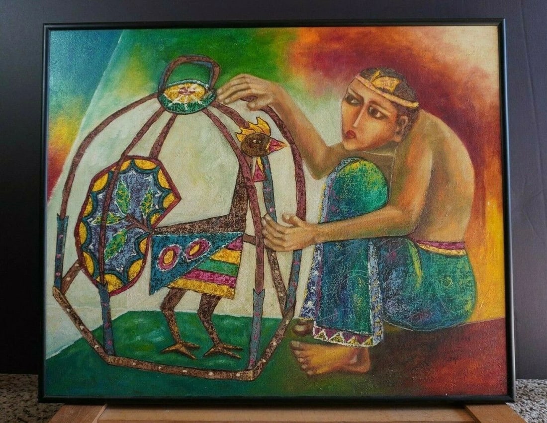 COLORFUL BALI INDONESIA PAINTING - EXOTIC BIRD IN CAGE - SOWITO 1999 (1 of 2)