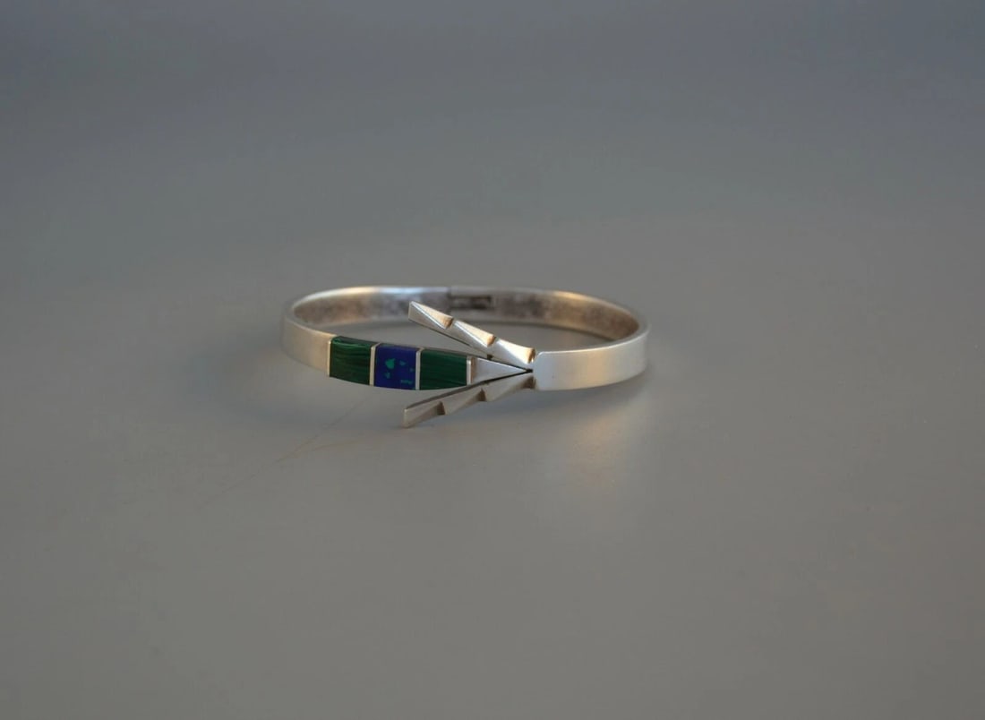 VTG MEXICAN STERLING SILVER HINGED BRACELET MALACHITE AZURITE - 7.25 HINGE PIN? (1 of 1)