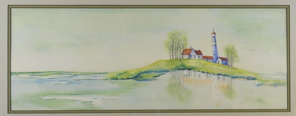 WATERCOLOR PAINTING - LIGHTHOUSE & HOMESTEAD ON SEA COAST - JANICE BERIGAN (1 of 1)