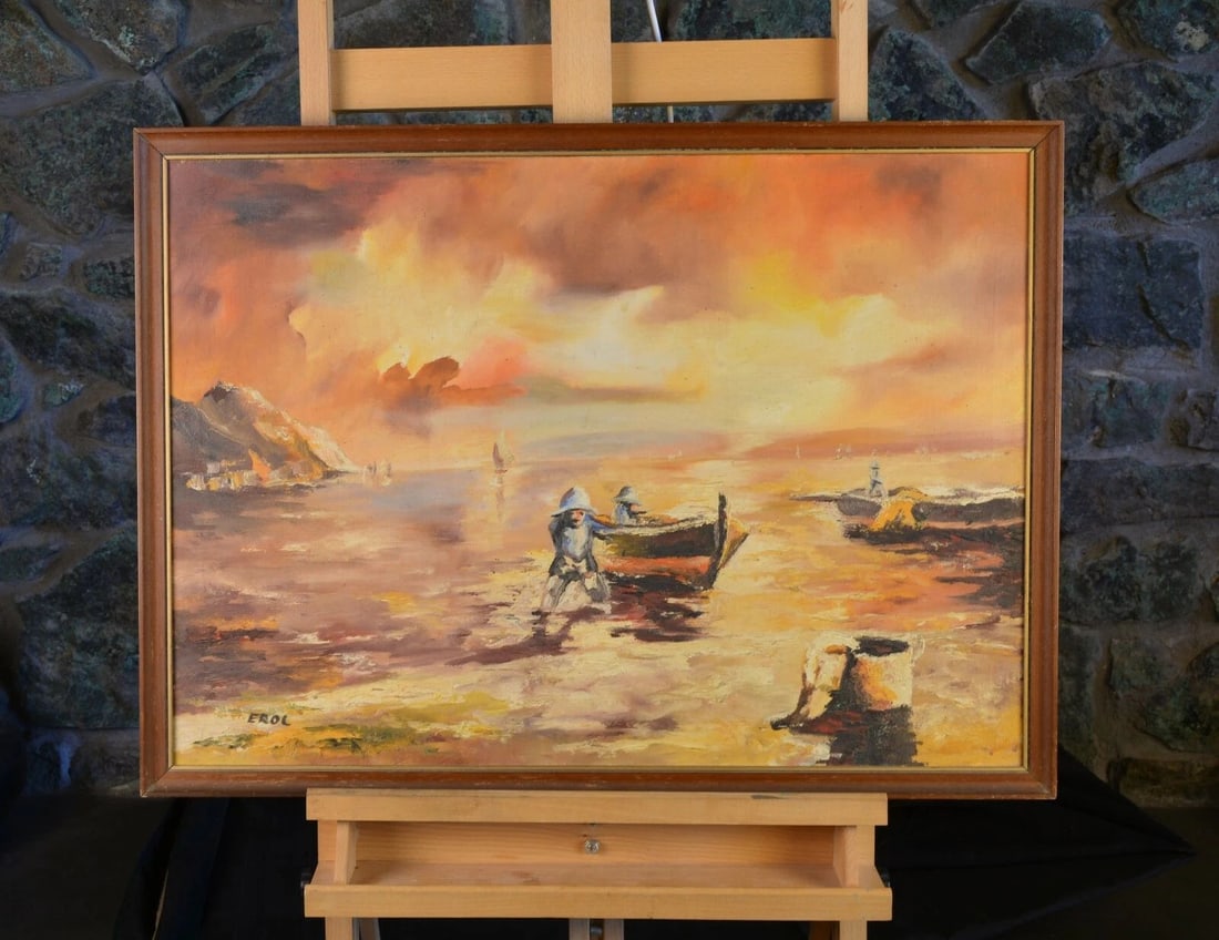 ANTIQUE OIL PAINTING - FISHERMEN & BOATS SEA SHORE ON ISLE OF CAPRI ITALY - EROL (1 of 2)