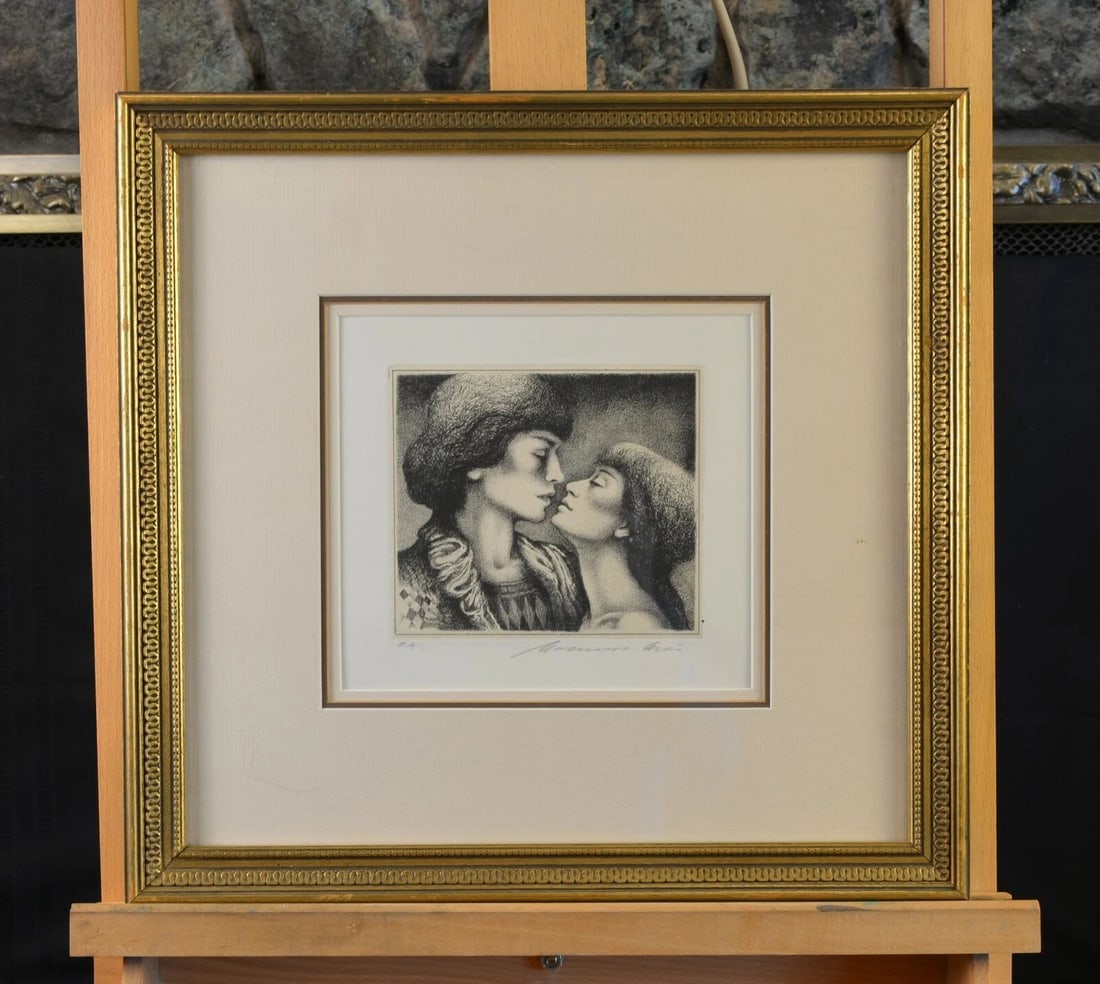BEAUTIFULLY FRAMED - ETCHING PRINT - WOMAN'S KISS: BEAUTIFULLY FRAMED - ETCHING PRINT - WOMAN'S KISS Item Description: This print has the impression from a plate press - but looks to be a different kind of etching. The pencil markings below the print 