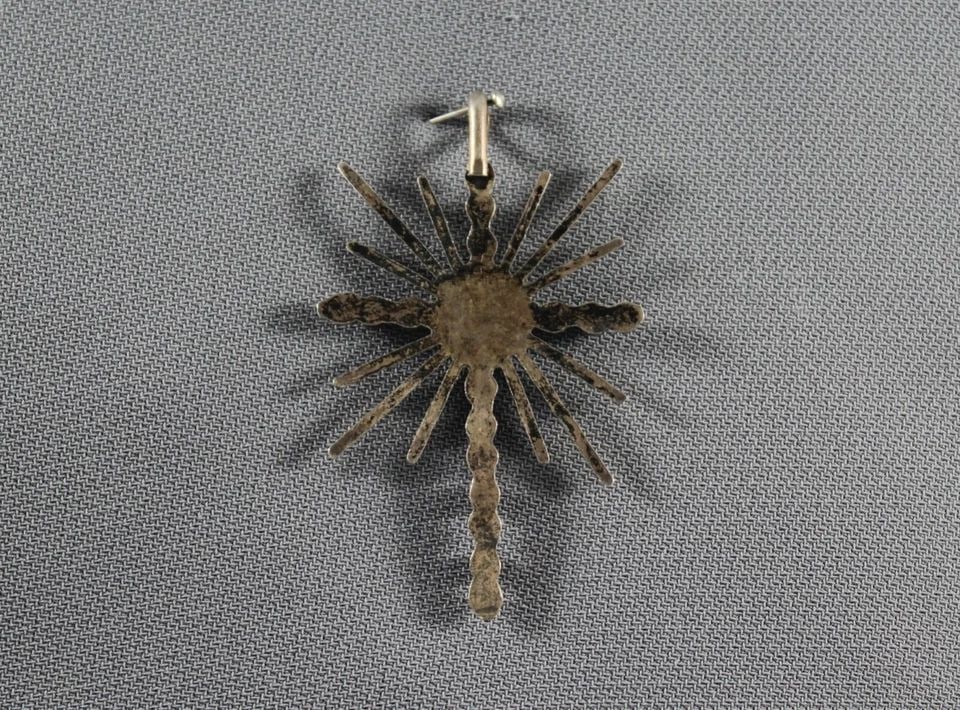 OLD PAWN ZUNI CORAL AND STERLING SILVER CROSS PENDANT: OLD PAWN ZUNI CORAL AND STERLING SILVER CROSS PENDANT Item Description: 1" 7/8 "Tall 1 1/8" Across