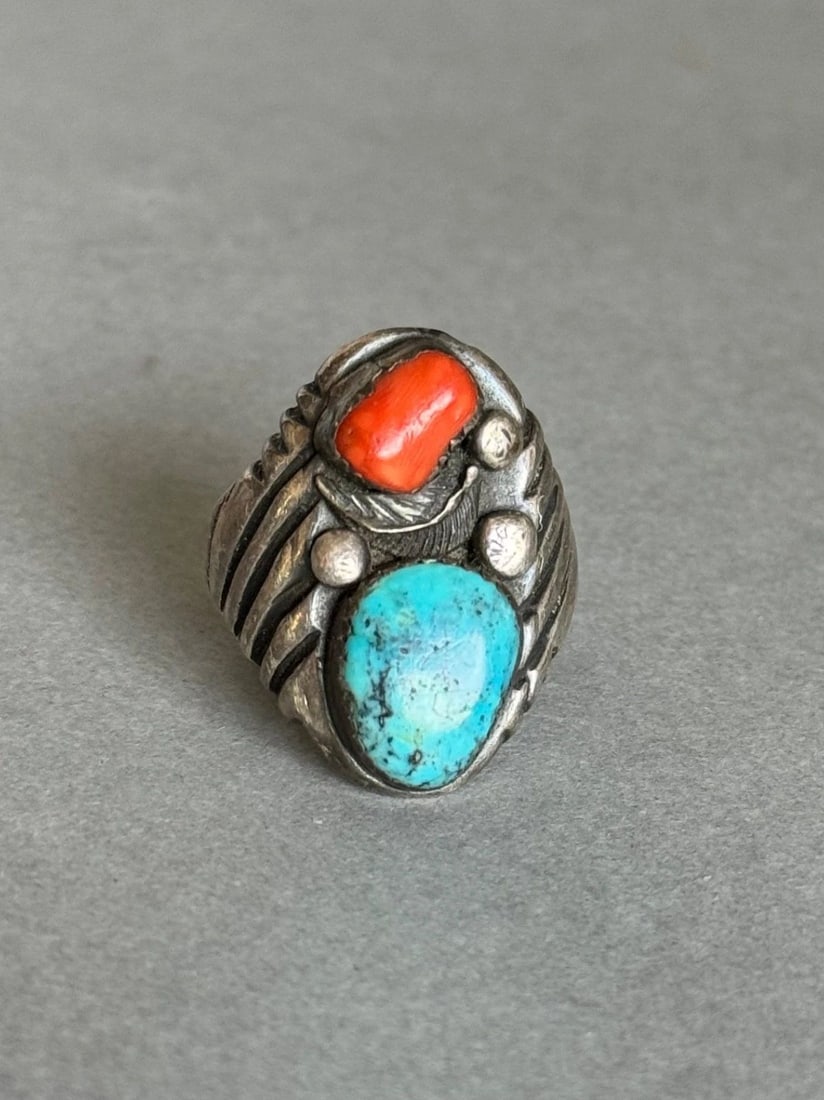 OLD PAWN STERLING SILVER WITH TURQUOISE AND CORAL RING. SIZE 11 3/4: OLD PAWN STERLING SILVER WITH TURQUOISE AND CORAL RING. SIZE 11 3/4 Old Pawn Sterling Silver with Turquoise and Coral Ring. Size 11 3/4 1 1/4” Tall