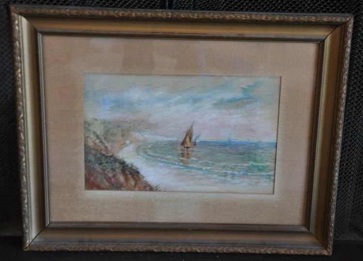 ANTIQUE MARITIME PAINTING - COASTAL LANDSCAPE WITH SHIPS - 1895 (1 of 1)