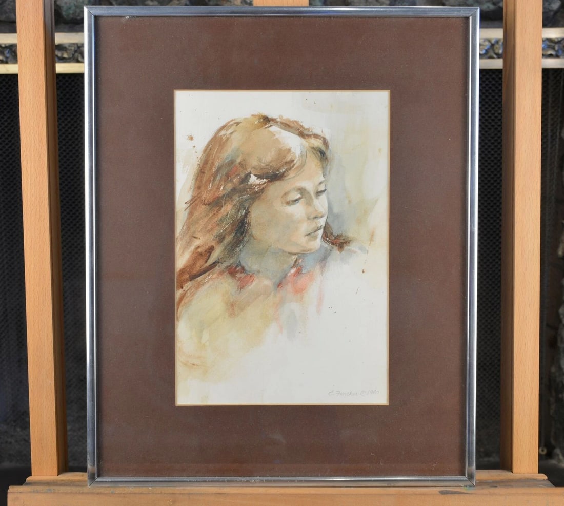 VINTAGE WATERCOLOR PAINTING - PORTRAIT OF A WOMAN - E. FINCHER (1 of 2)