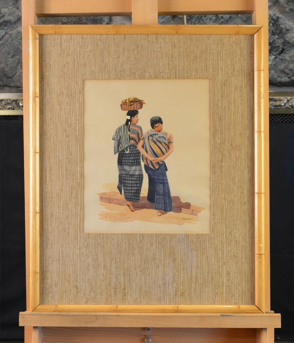 VINTAGE WATERCOLOR PAINTING - TWO THAI VILLAGE WOMEN - INDONESIA - BAMBOO FRAME (1 of 2)