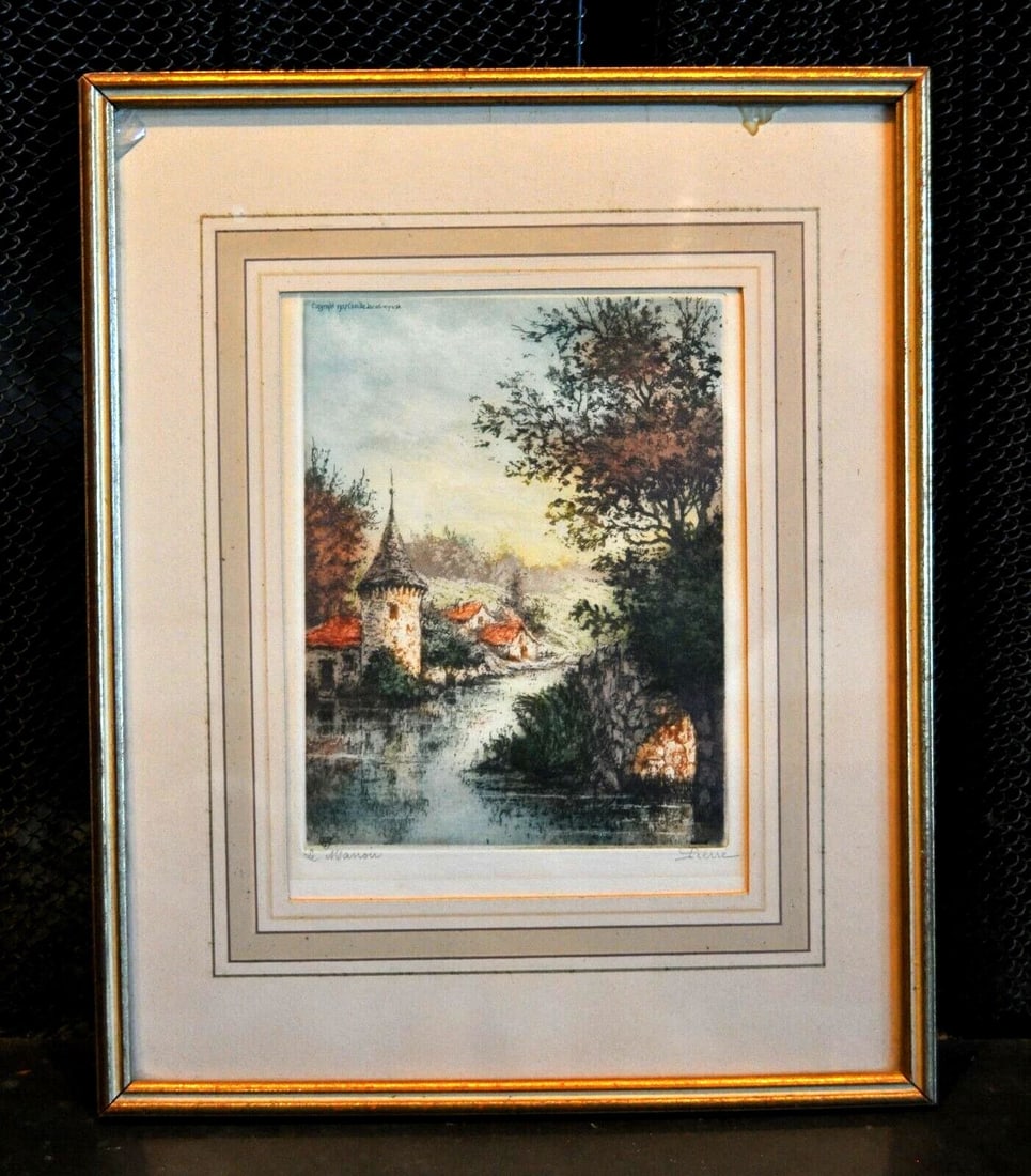 VINTAGE SIGNED COLORED ETCHING FRANCE RIVER "THE MANOR" CAMILLA LUCAS BOYER 1937 (1 of 2)