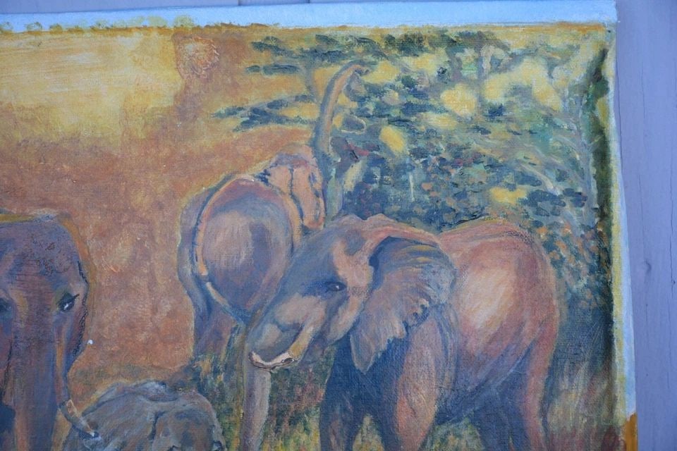 NANCY PARK - OIL PAINTING - ELEPHANTS IN BUSH AT WATERHOLE - AFRICA: NANCY PARK - OIL PAINTING - ELEPHANTS IN BUSH AT WATERHOLE - AFRICA This vintage painting shows a group of elephants at a watering hole in the bush. It is unframed on unstretched canvas. The image siz