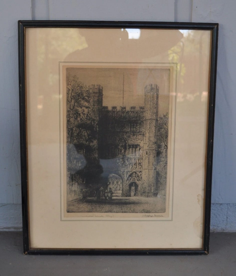 VINTAGE ENGRAVING OF TRINITY COLLEGE CAMBRIDGE UNIVERSITY - ENGLAND - SIGNED: VINTAGE ENGRAVING OF TRINITY COLLEGE CAMBRIDGE UNIVERSITY - ENGLAND - SIGNED Item Description: This vintage engraving is identified in pencil at the bottom as "Cambridge (Trinity College)" and it is s