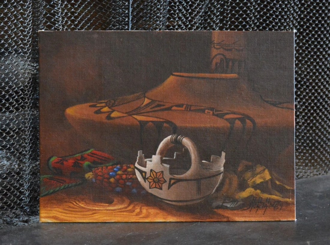 BRENT NAHA - HOPI STILL LIFE OIL PAINTING - POTTERY, CORN, WOVEN SASH (1 of 2)