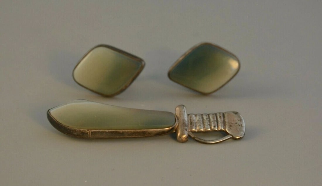 VINTAGE MENS STERLING SILVER CUFFLINKS & SABER SWORD PIN SET - UNIQUE STONE (1 of 2)