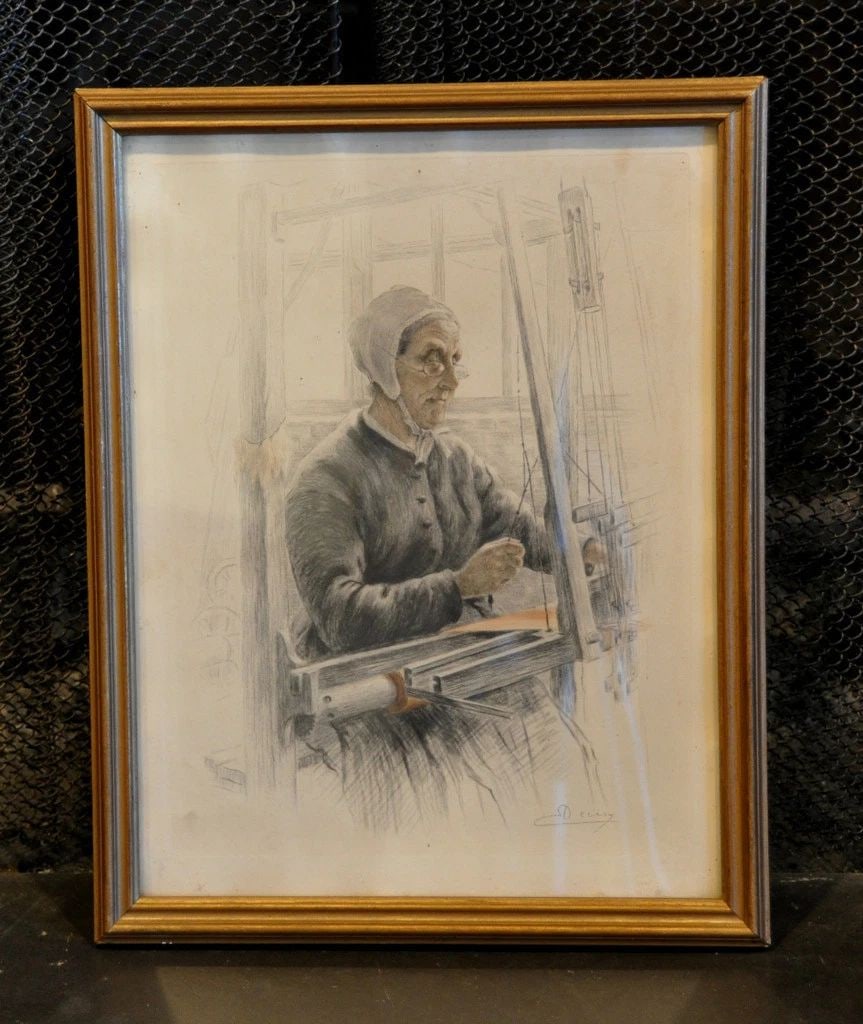 DECISY, EUGENE (1866-1936) ANTIQUE FRAMED ETCHING FRECH WEAVER LOOM - LATE 1800S (1 of 1)