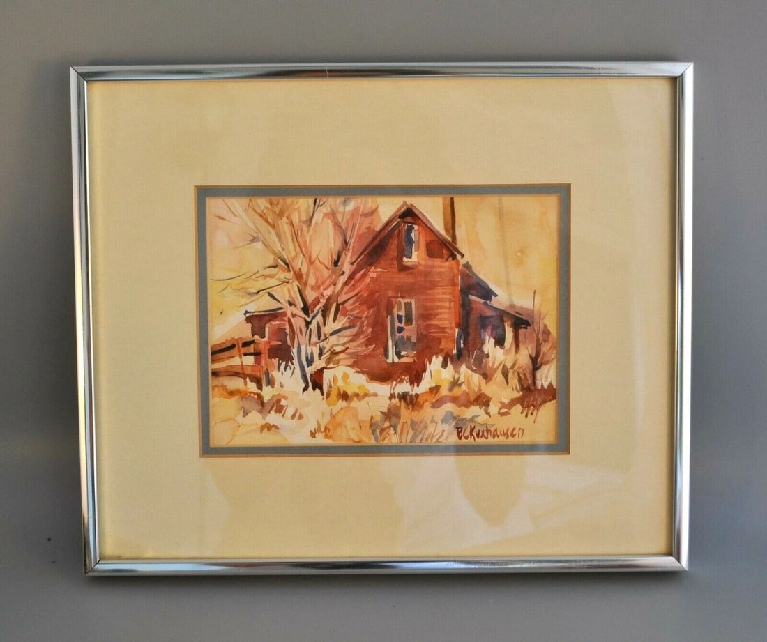 VINTAGE WATERCOLOR PAINTING - OLD FARM HOUSE IN FALL WYOMING - BARBARA KUXHAUSEN (1 of 1)