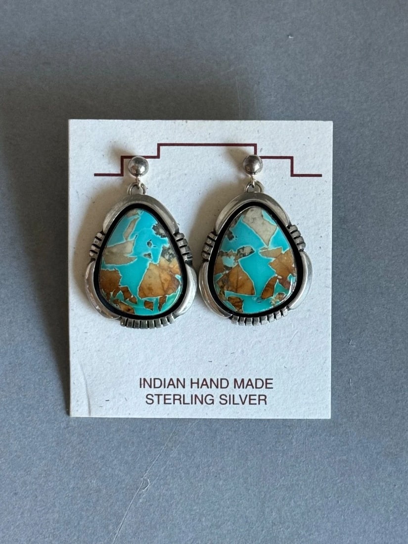 NAVAJO STERLING SILVER WITH NATURAL OJO TURQUOISE EARRINGS. 1 1/8" DROP: NAVAJO STERLING SILVER WITH NATURAL OJO TURQUOISE EARRINGS. 1 1/8" DROP Navajo Sterling Silver with Natural Turquoise Earrings. Turquoise is from Ojo Arizona, private mine. Signed D