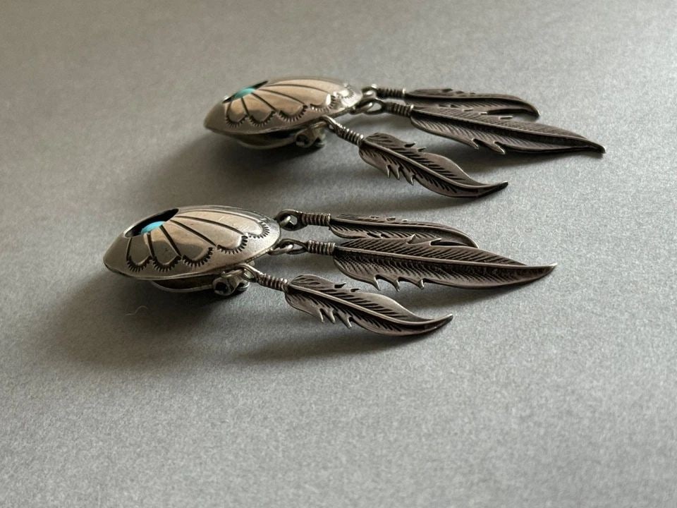 VINTAGE NAVAJO STERLING SILVER WITH TURQUOISE CLASP EARRINGS 2 3/4" TALL: VINTAGE NAVAJO STERLING SILVER WITH TURQUOISE CLASP EARRINGS 2 3/4" TALL Vintage Navajo Sterling Silver with Turquoise Clasp Earrings. 2 3/4" Tall