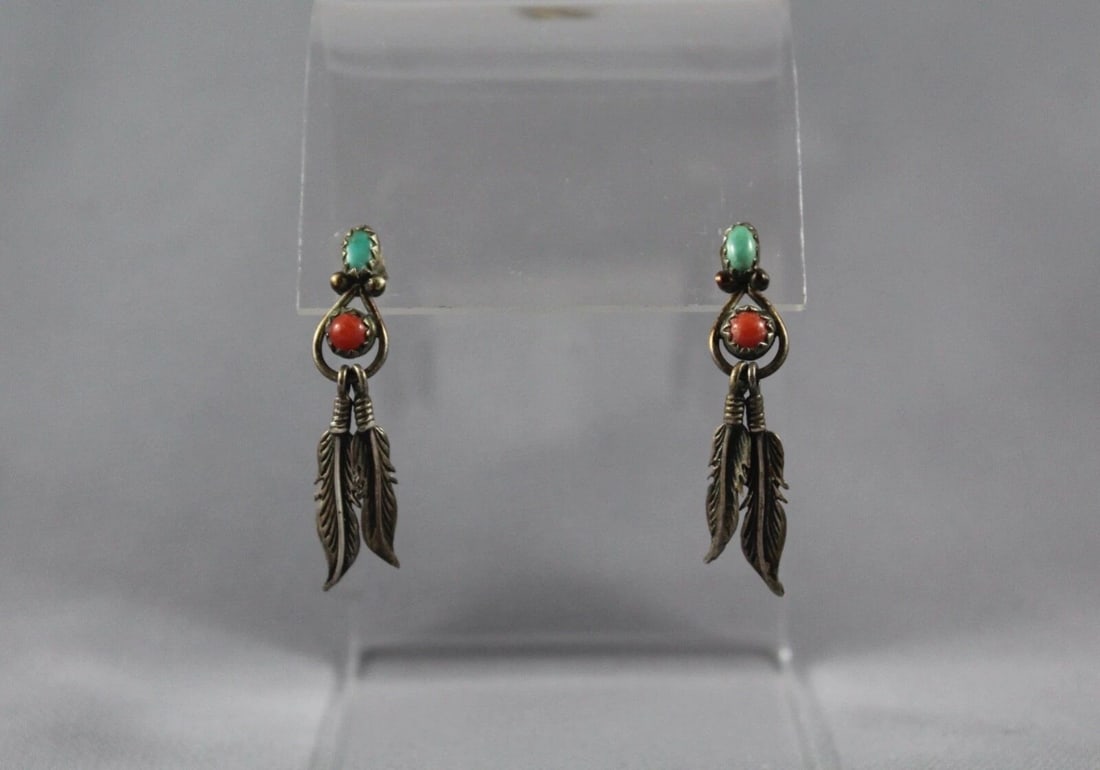 OLD PAWN STERLING NAVAJO EARRINGS AND NECKLACE SET CORAL AND TURQUOISE: OLD PAWN STERLING NAVAJO EARRINGS AND NECKLACE SET CORAL AND TURQUOISE Item Description: Pendant and Earrings 1 1/2” length