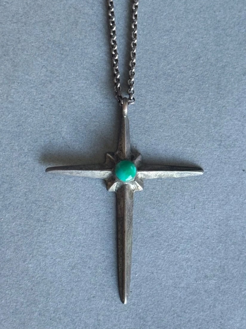 OLD PAWN NAVAJO STERLING SILVER CROSS WITH TURQUOISE AND STERLING CHAIN: OLD PAWN NAVAJO STERLING SILVER CROSS WITH TURQUOISE AND STERLING CHAIN Old Pawn Navajo Sterling Silver Cross With Turquoise and Sterling Chain .. Cross is 1 7/8" Tall..16" Chain ..