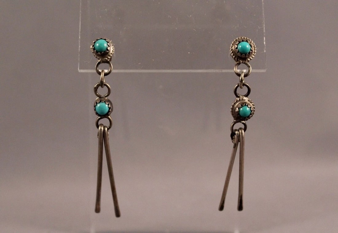 OLD PAWN NAVAJO STERLING SILVER AND TURQUOISE EARRINGS 2 " TALL (1 of 2)