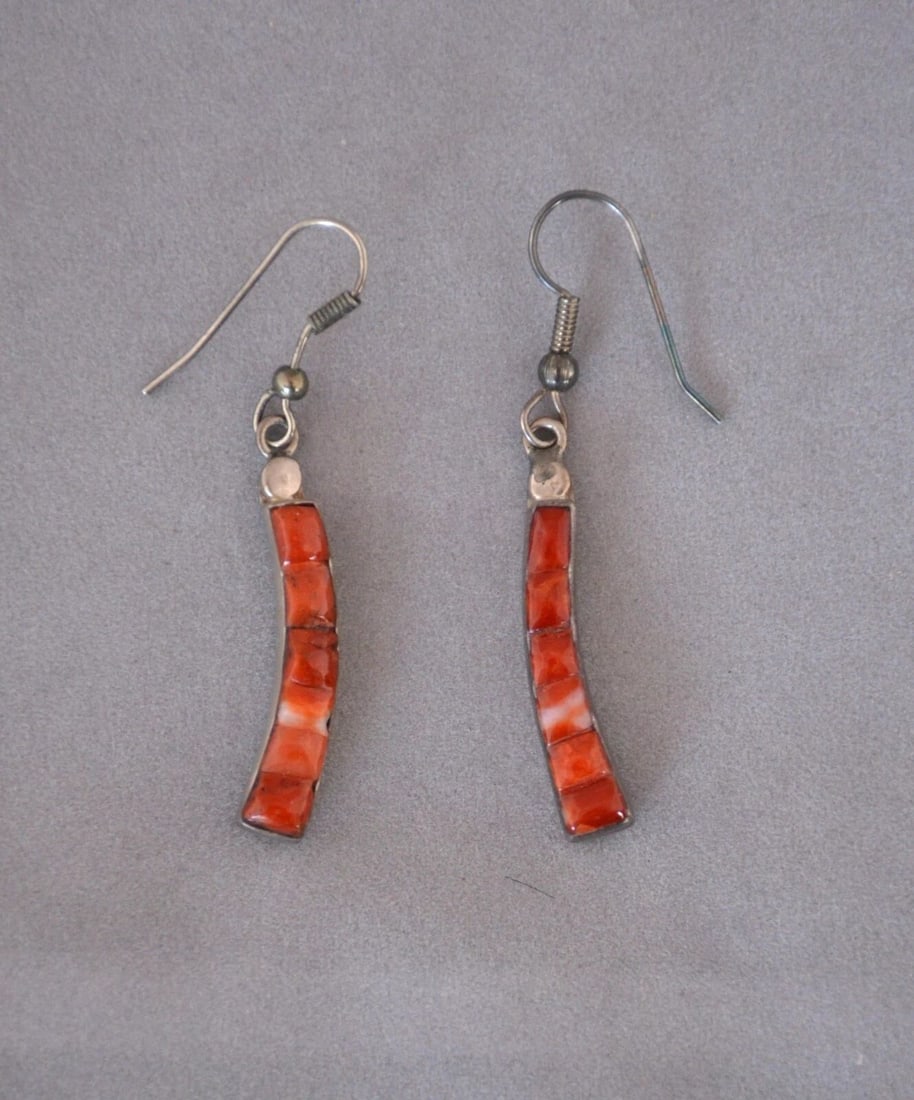 VINTAGE ZUNI STERLING SILVER CHANEL INLAY CORAL EARRINGS - 2" DROP - DANGLES (1 of 1)