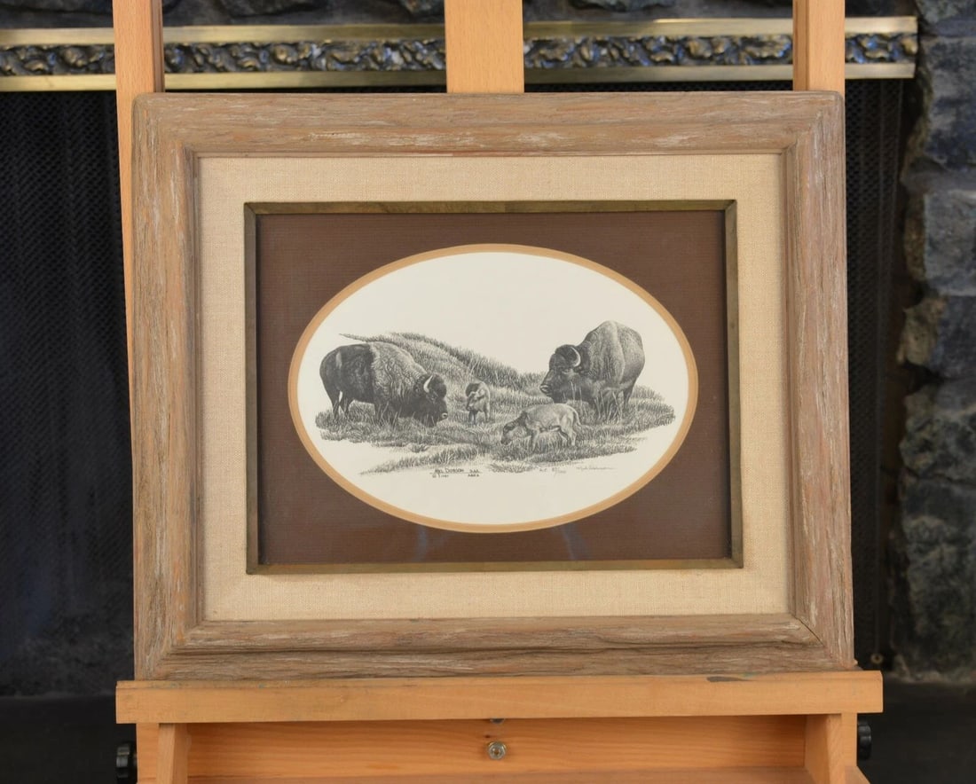 GRAZING BUFFALO W. CALVES - FRAMED ORIGINAL LMTD ED PRINT - SIGNED - MEL DOBSON (1 of 2)