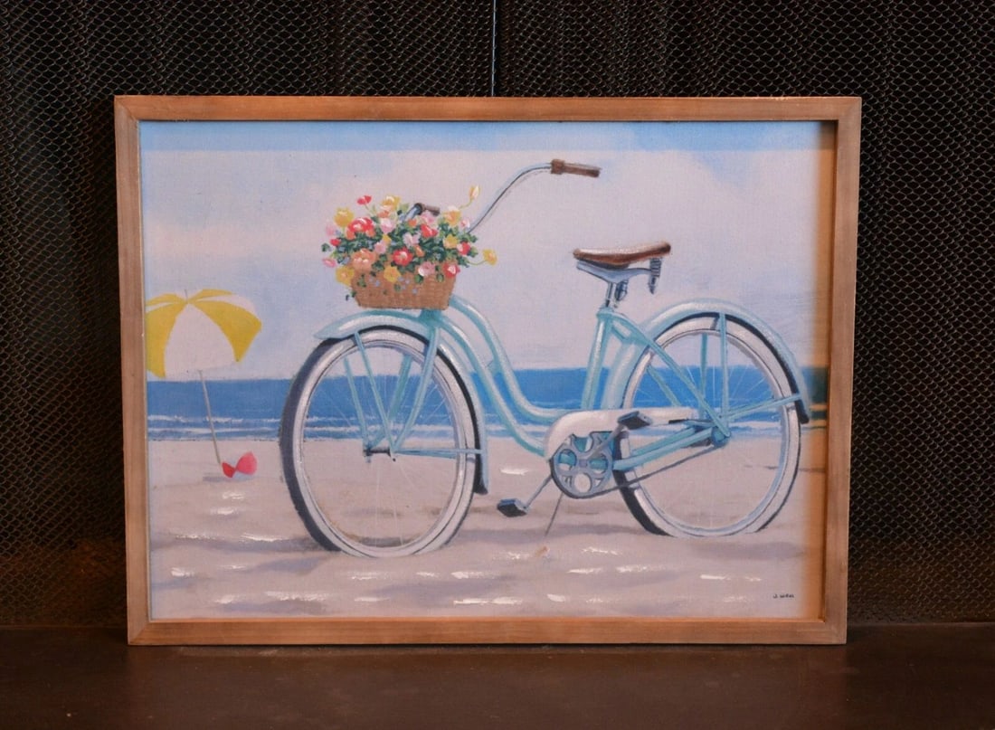 JAMES WIENS - LIGHT BLUE CRUISER BICYCLE FLOWER BASKET AT BEACH - CANVAS PRINT (1 of 1)