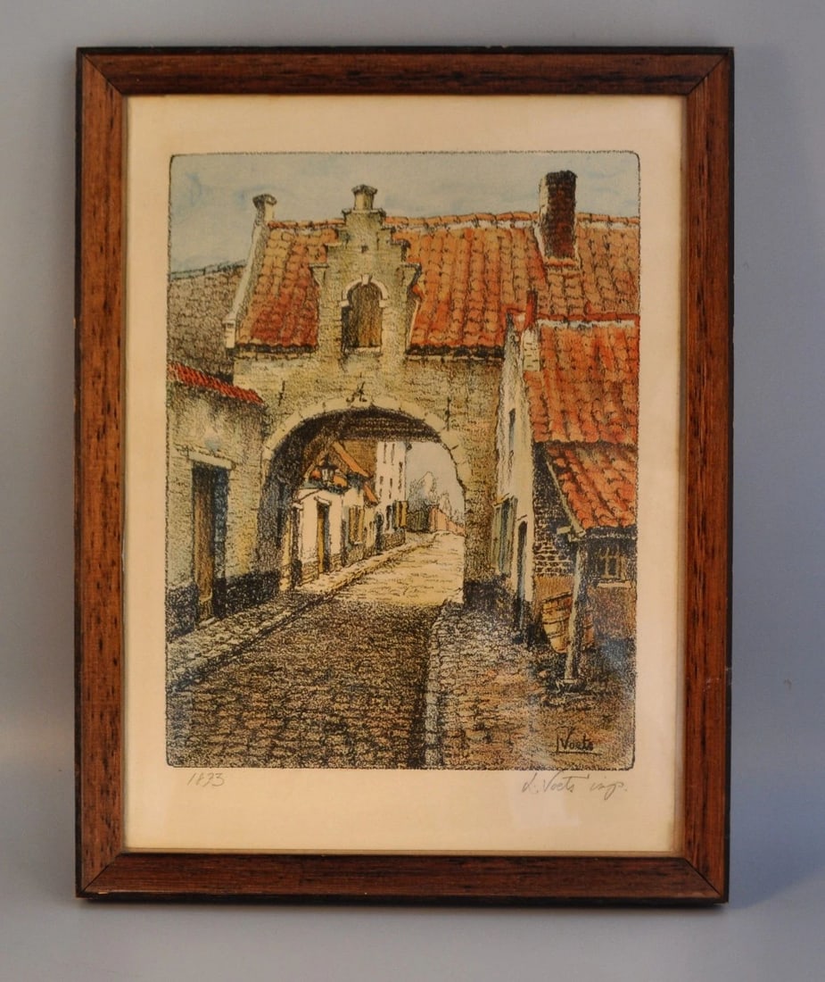 ANTIQUE ORIGINAL LITHOGRAPH GERMAN VILLAGE - CHARLES LOUIS VOETS - C. 1873 (1 of 2)