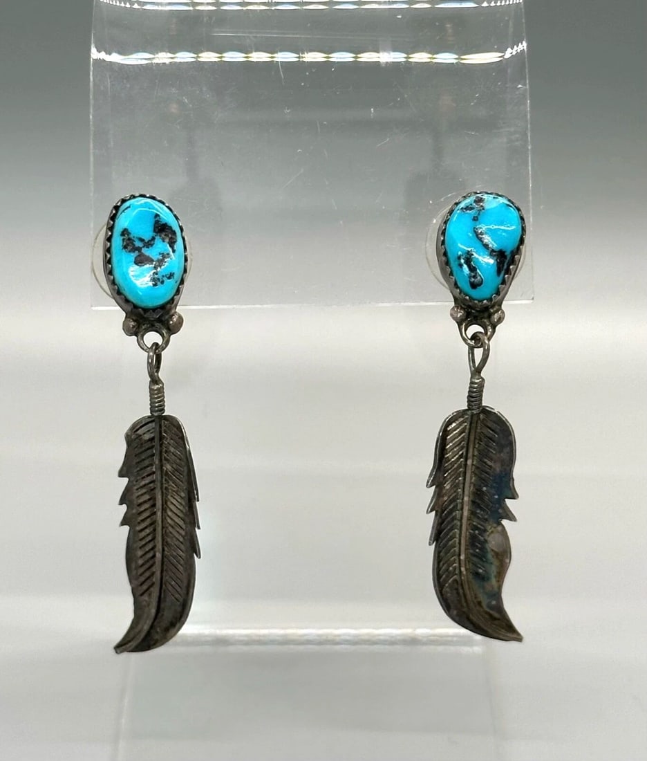 OLD PAWN STERLING SILVER AND TURQUOISE NAVAJO EARRINGS FEATHERS ..2 1/4" DROP (1 of 2)